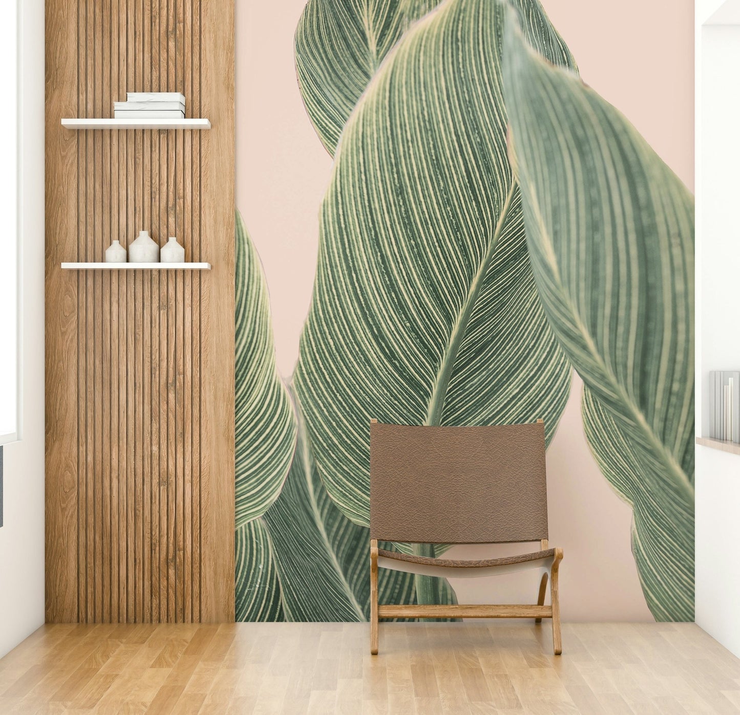 Contemporary botanical wall mural with geometric lines.