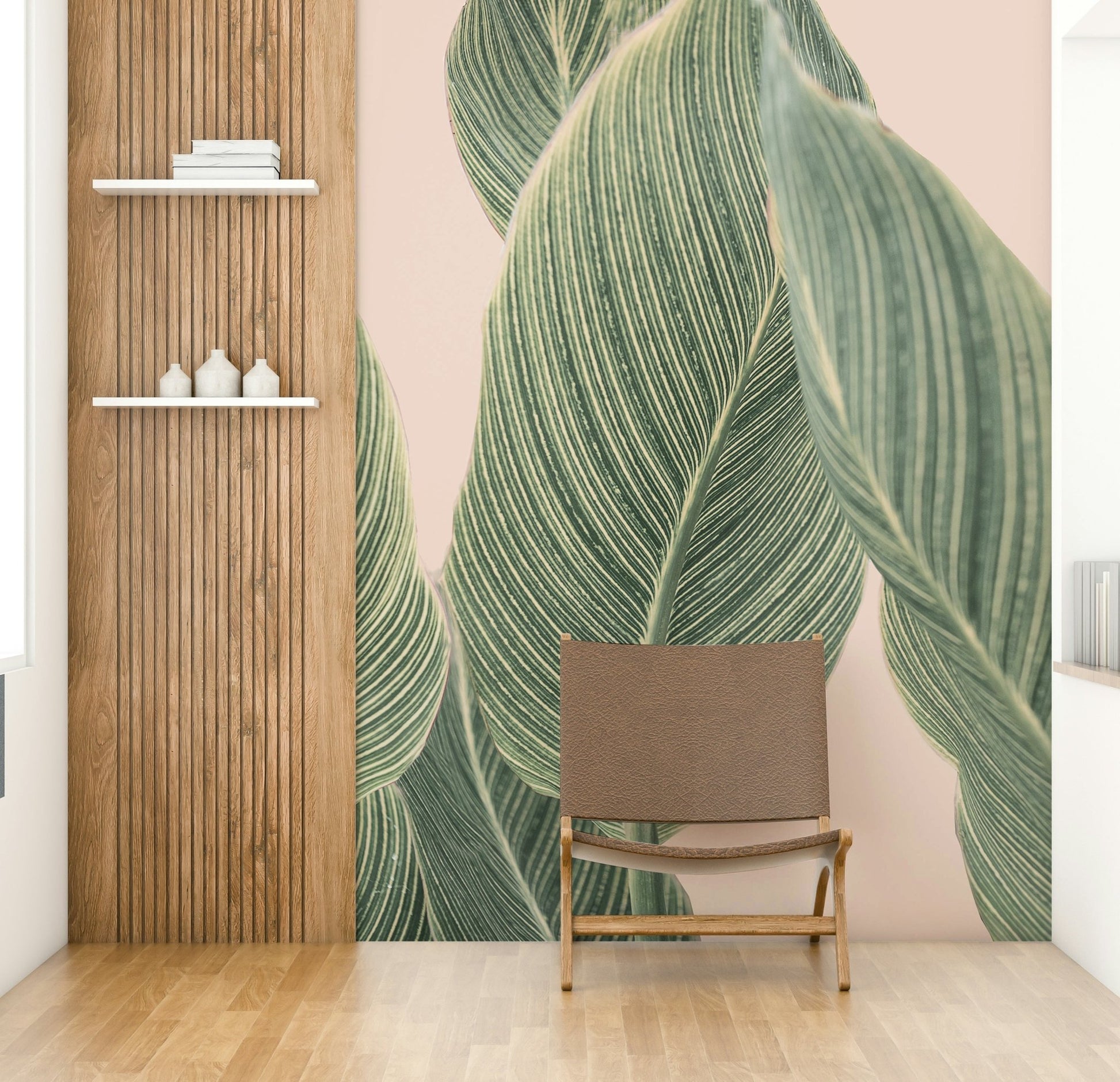 Contemporary botanical wall mural with geometric lines.