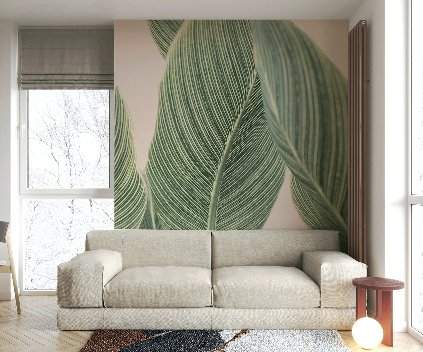 Botanical line art wall mural with green and neutral tones