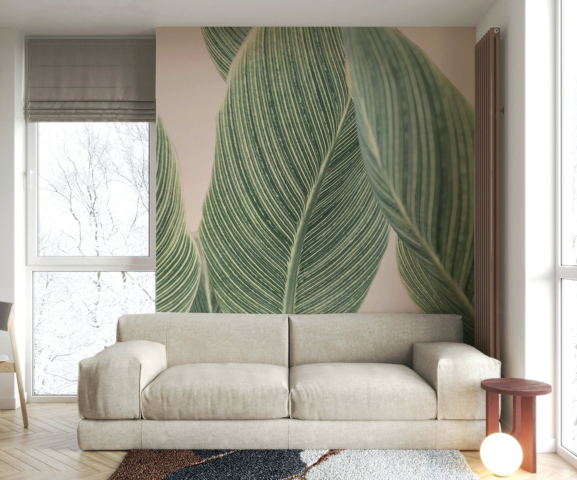 Botanical line art wall mural with green and neutral tones