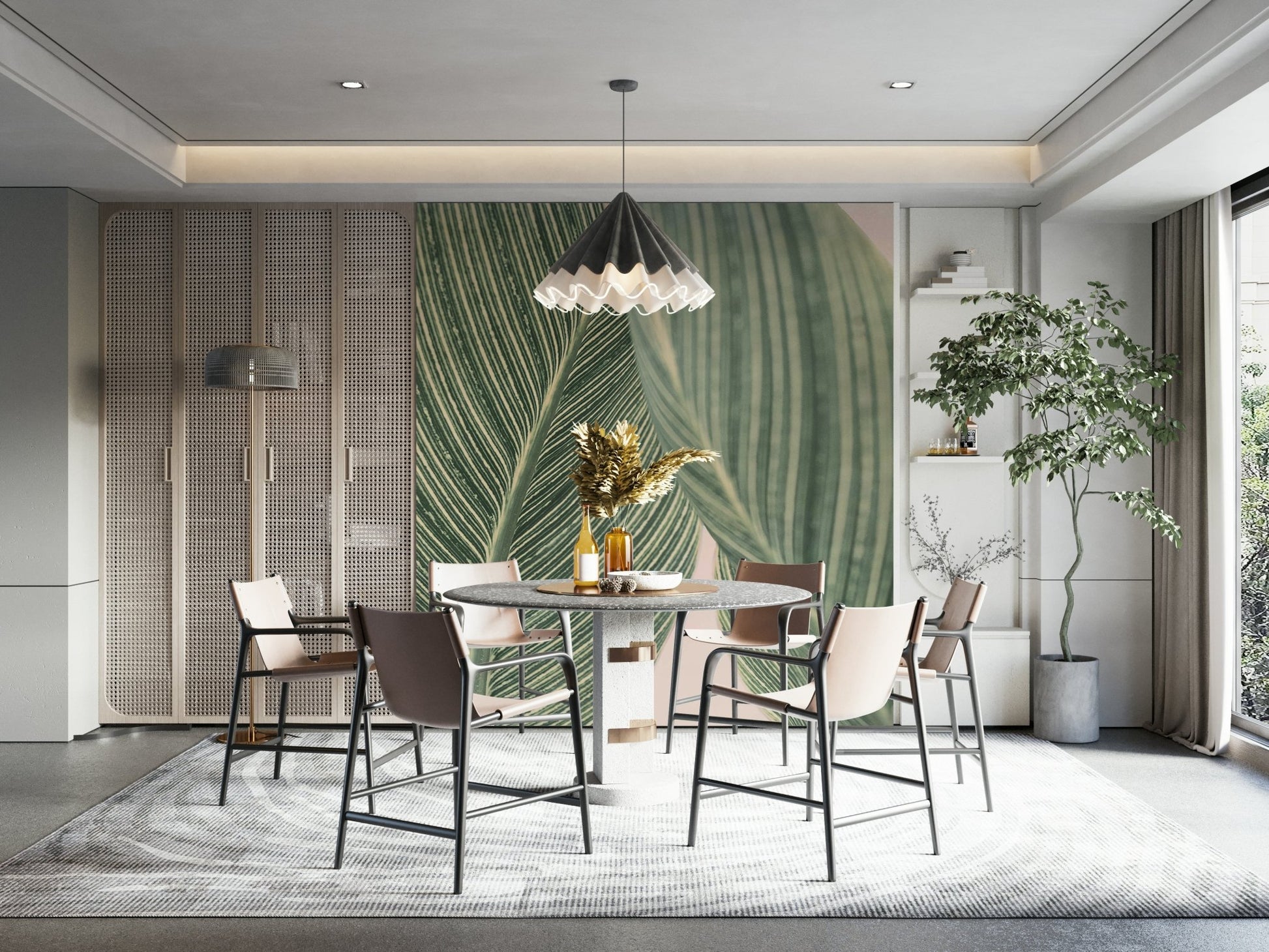 Subtle green botanical lines wallpaper for modern interiors