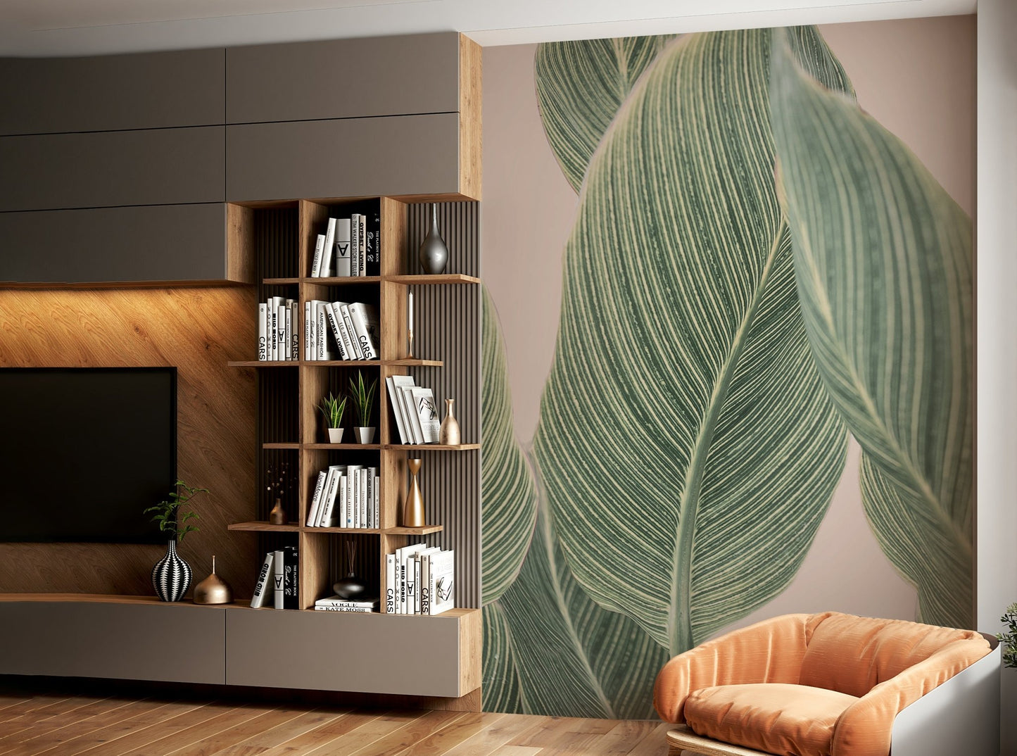 Stylish botanical line art mural for living room walls