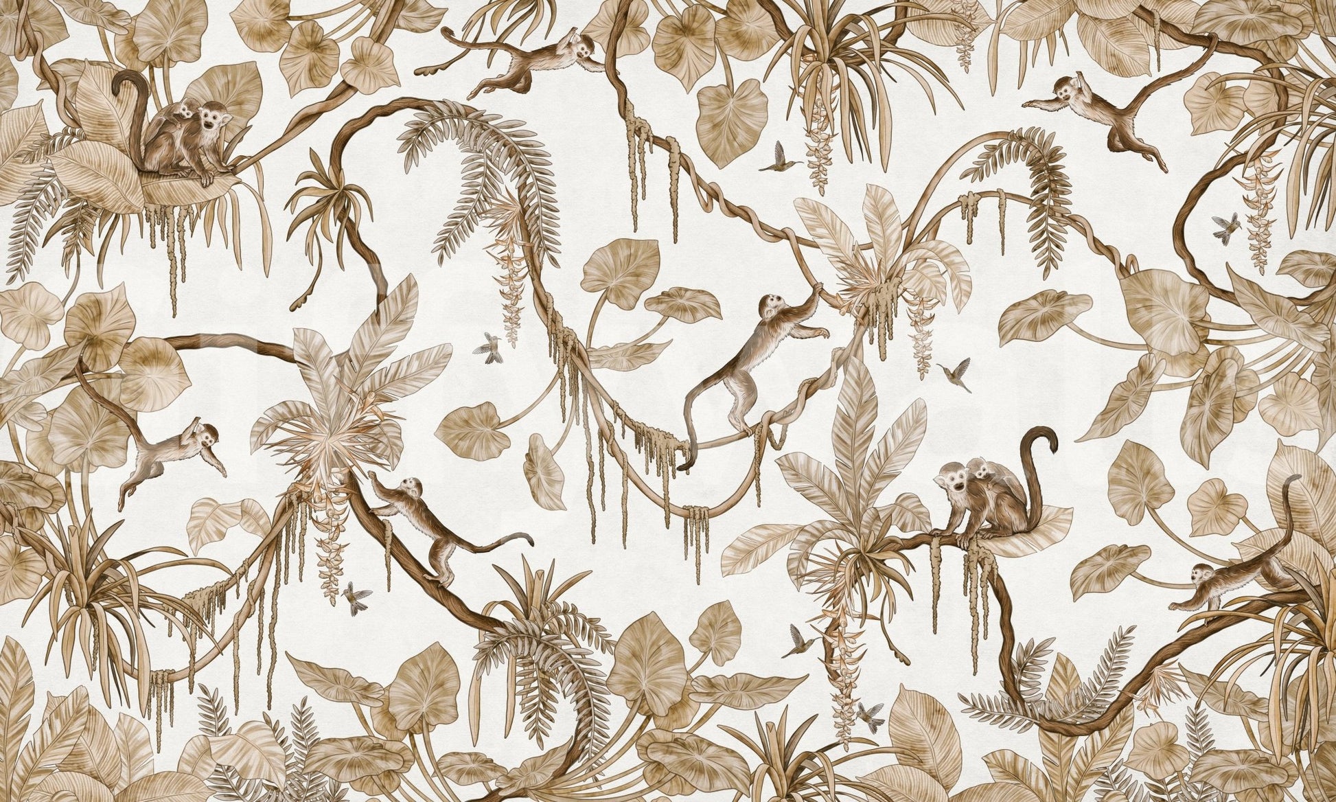 Statement wall in a living room with the Botanical Monkeys Wall Mural., GD6279