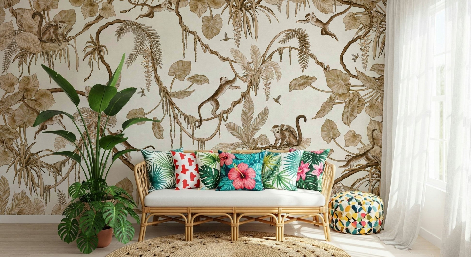 Bright sunroom decorated with the Botanical Monkeys Wall Mural., GD6279