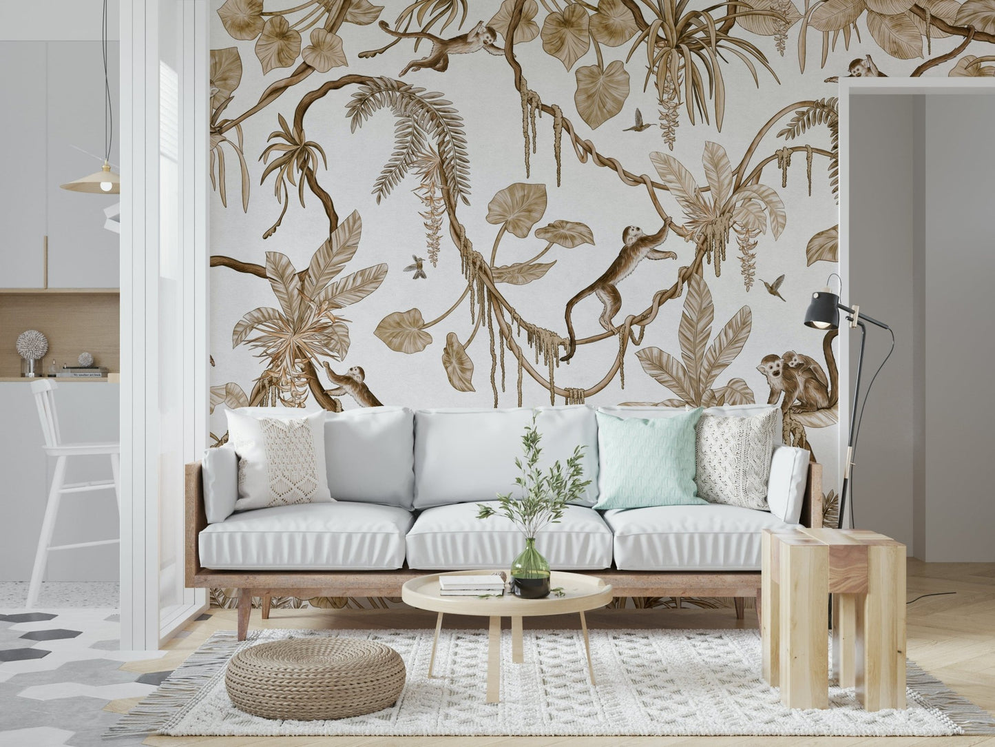 Detailed vines and large leaves in the Botanical Monkeys Wall Mural., GD6279
