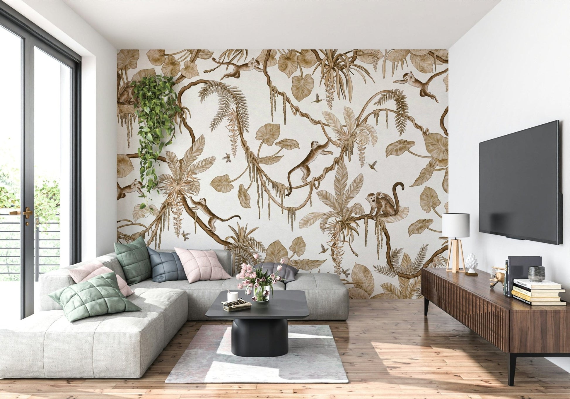A creative workspace showcasing the Botanical Monkeys Wall Mural., GD6279