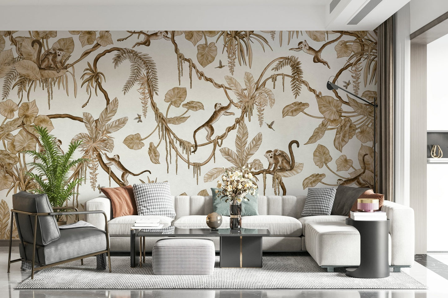 Botanical Monkeys Wall Mural in an elegant, airy room., GD6279
