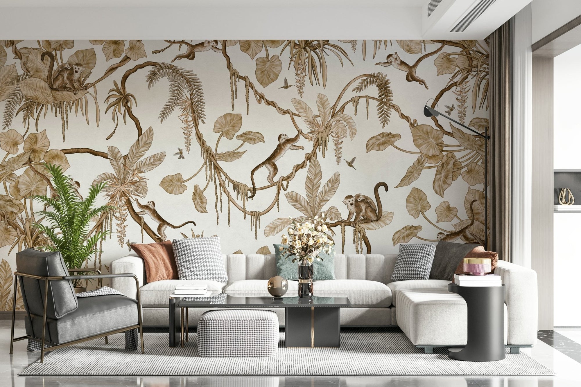 Botanical Monkeys Wall Mural in an elegant, airy room., GD6279
