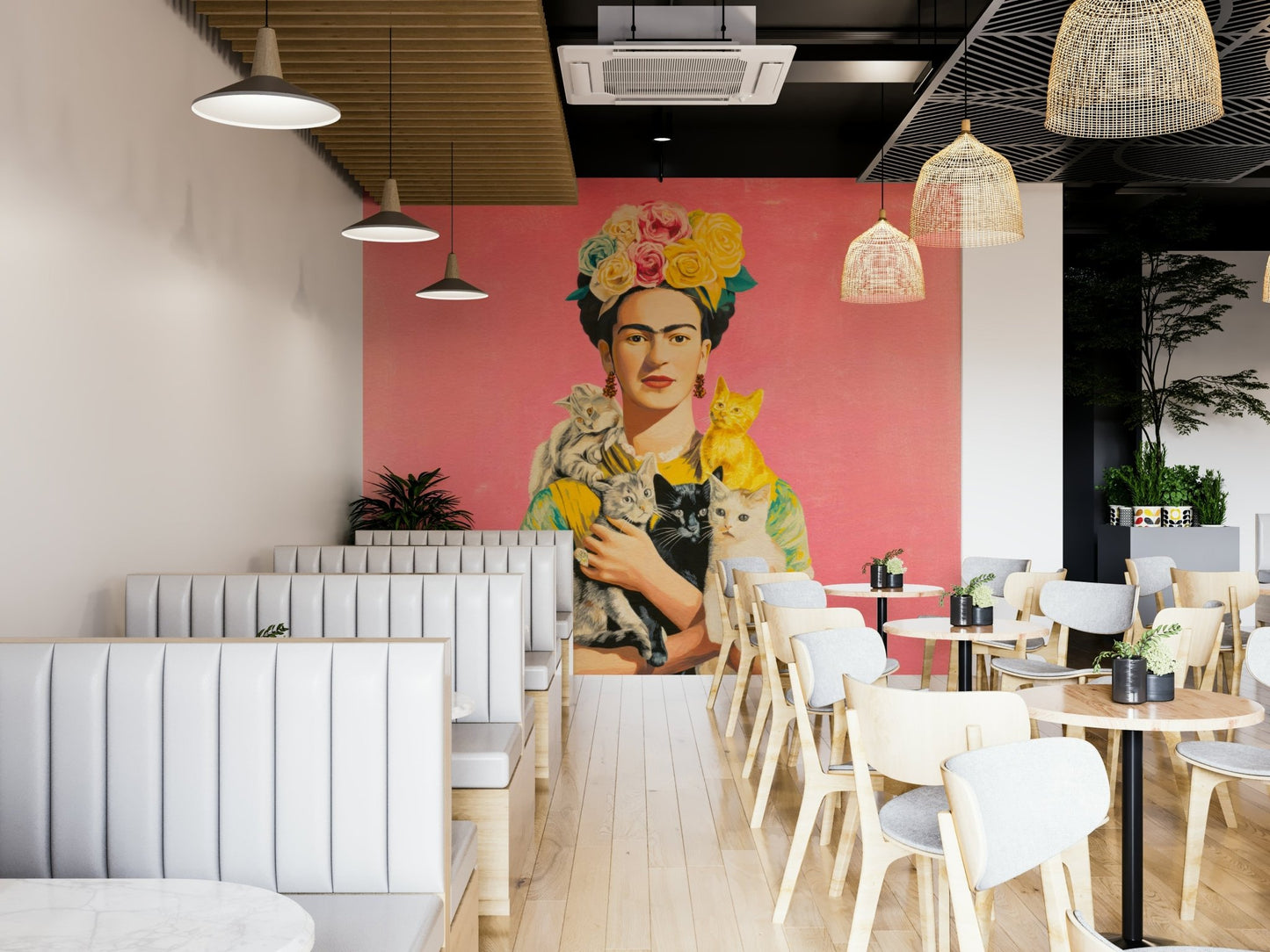 Botanical-themed wall art with cats and floral details


