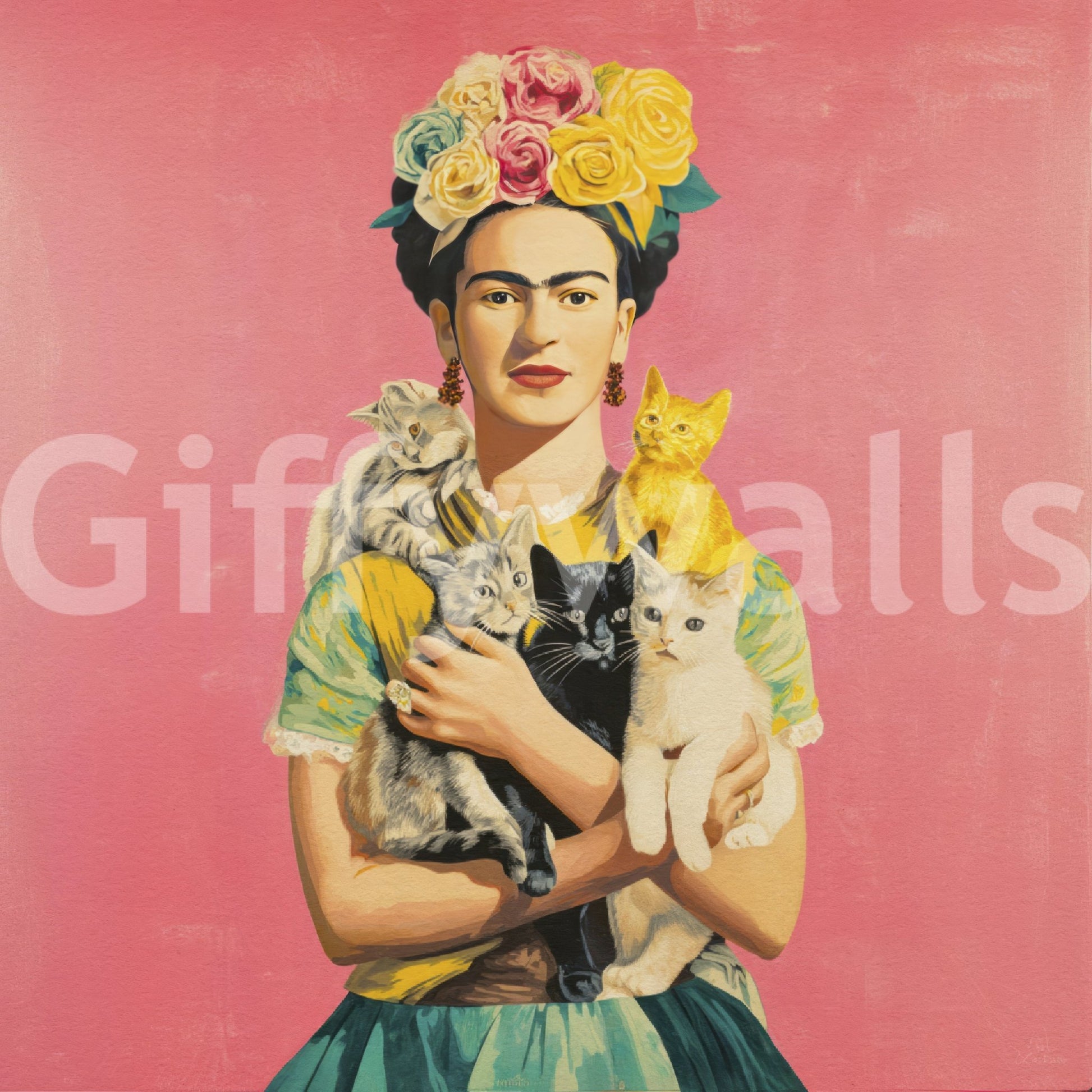 Earth-toned mural of muse and cats in garden setting

