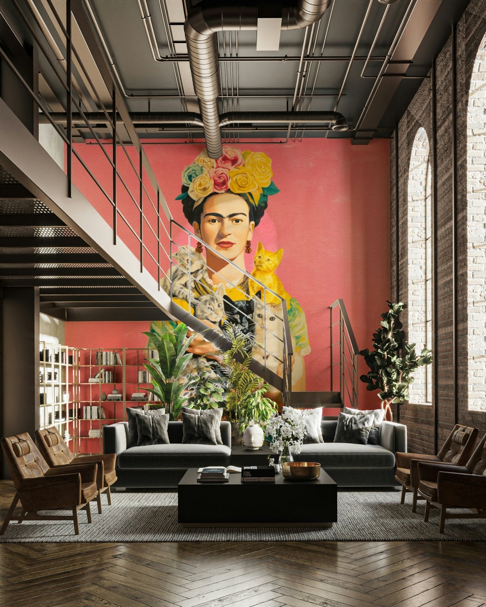 Nature-inspired wall mural with artistic feminine figure

