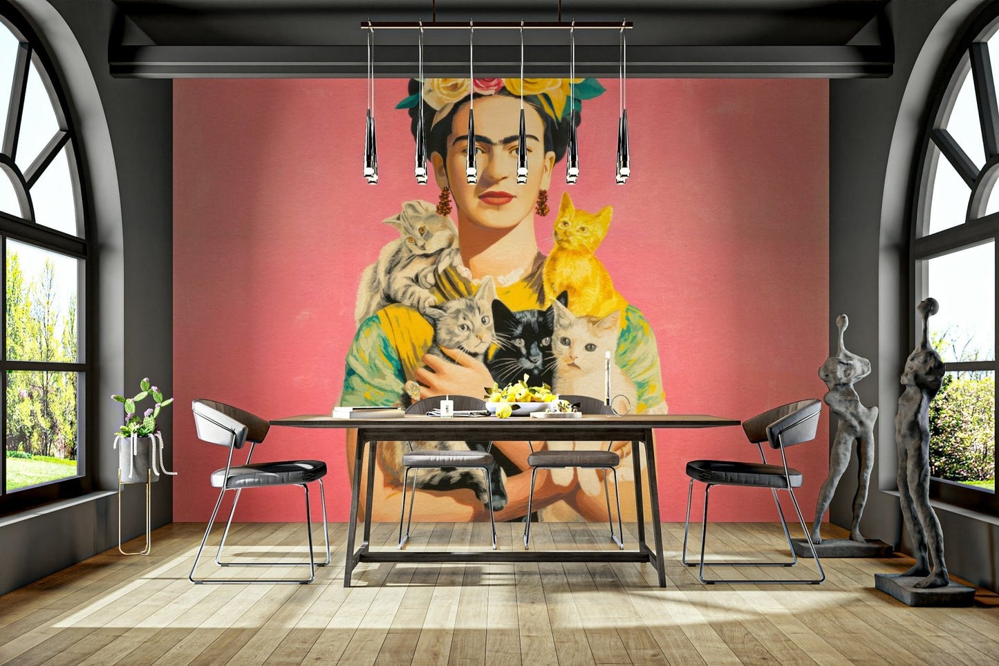Elegant woman surrounded by cats and lush foliage

