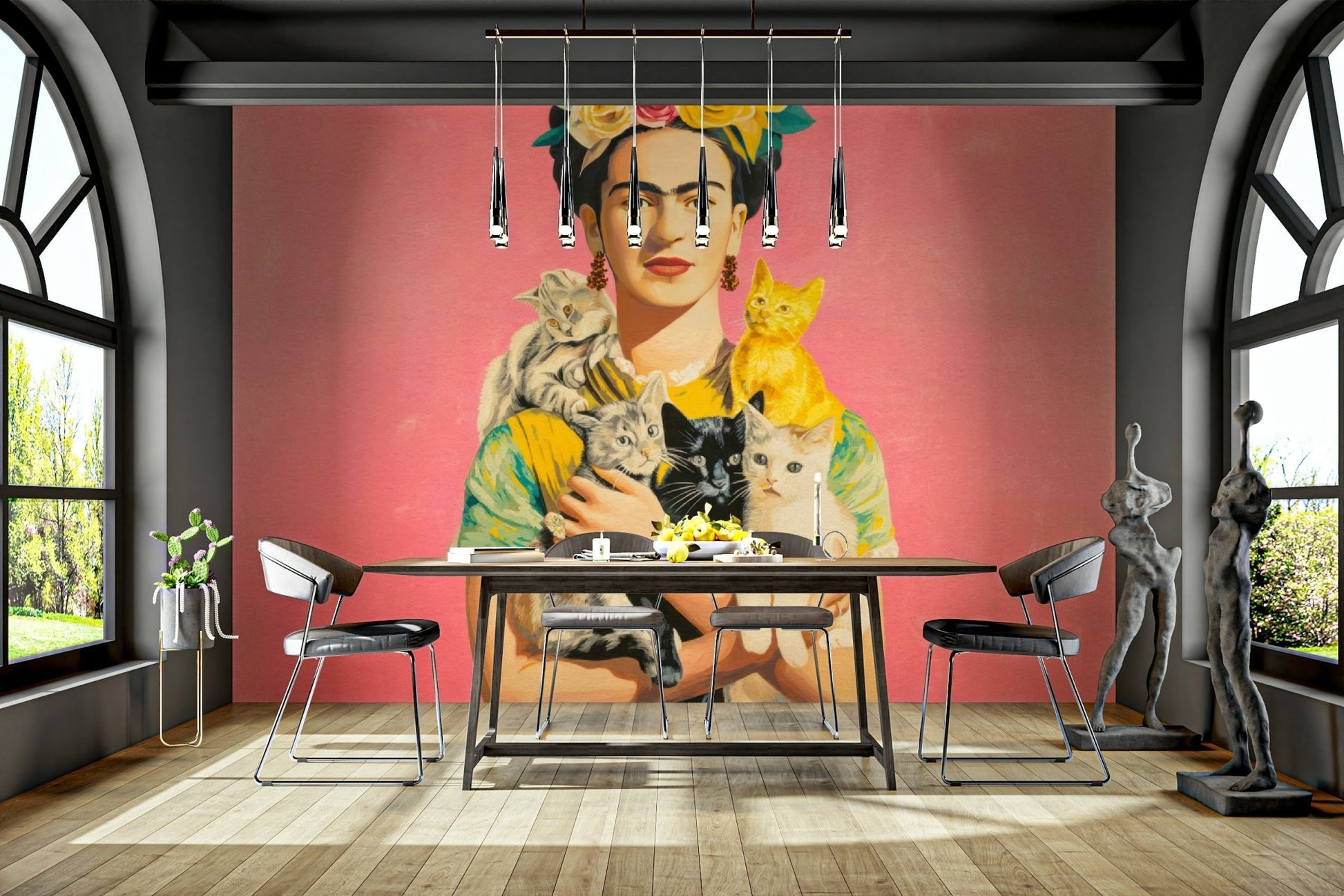 Elegant woman surrounded by cats and lush foliage

