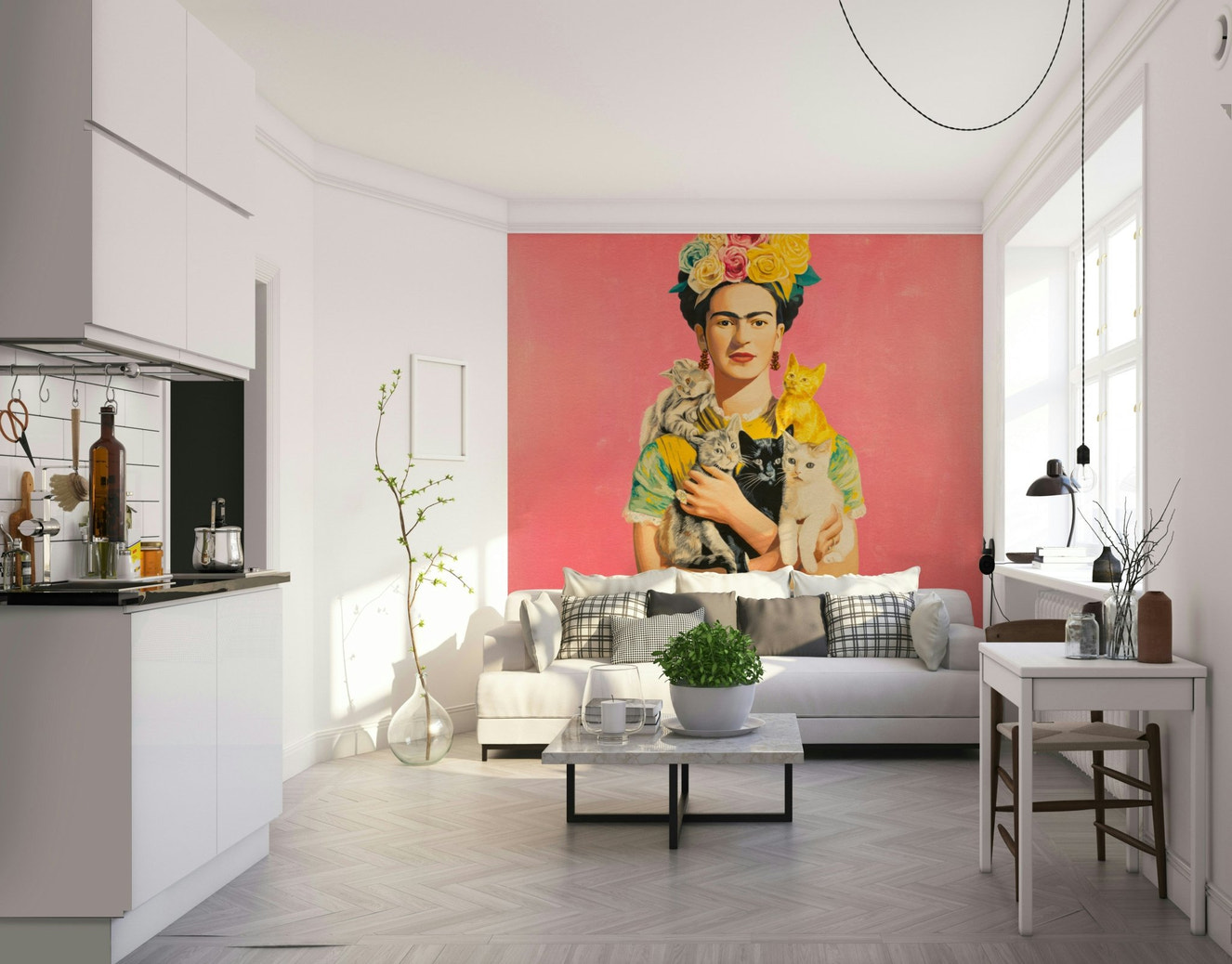 Wall mural of botanical muse with cats and flowers

