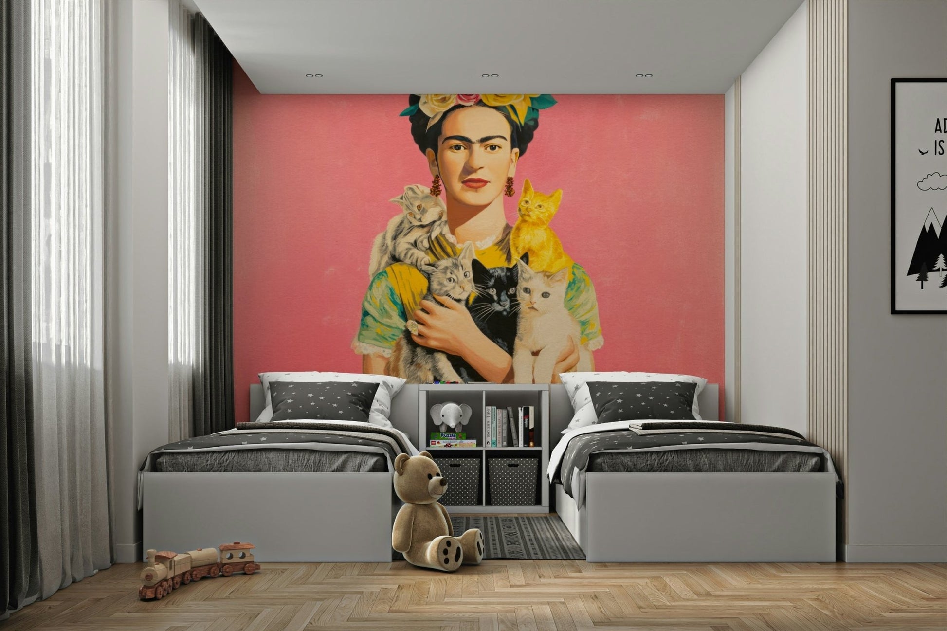 Whimsical mural with feline friends and floral muse

