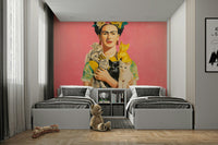 Whimsical mural with feline friends and floral muse

