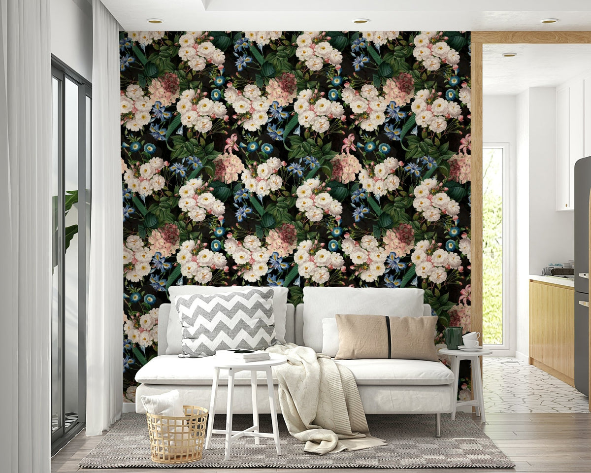 Botanical wallpaper in deep green hues for a moody interior, GD1345