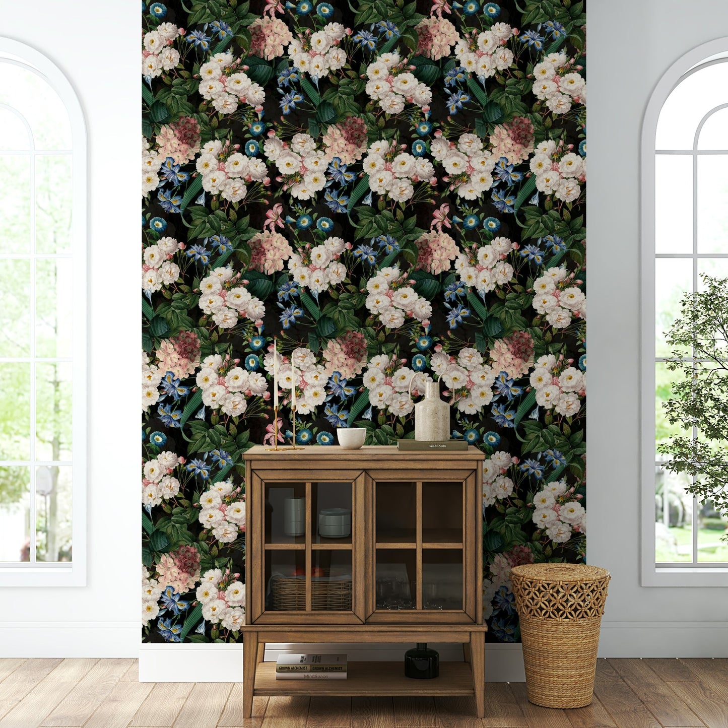 Deep green botanical night garden wallpaper for walls, GD1345