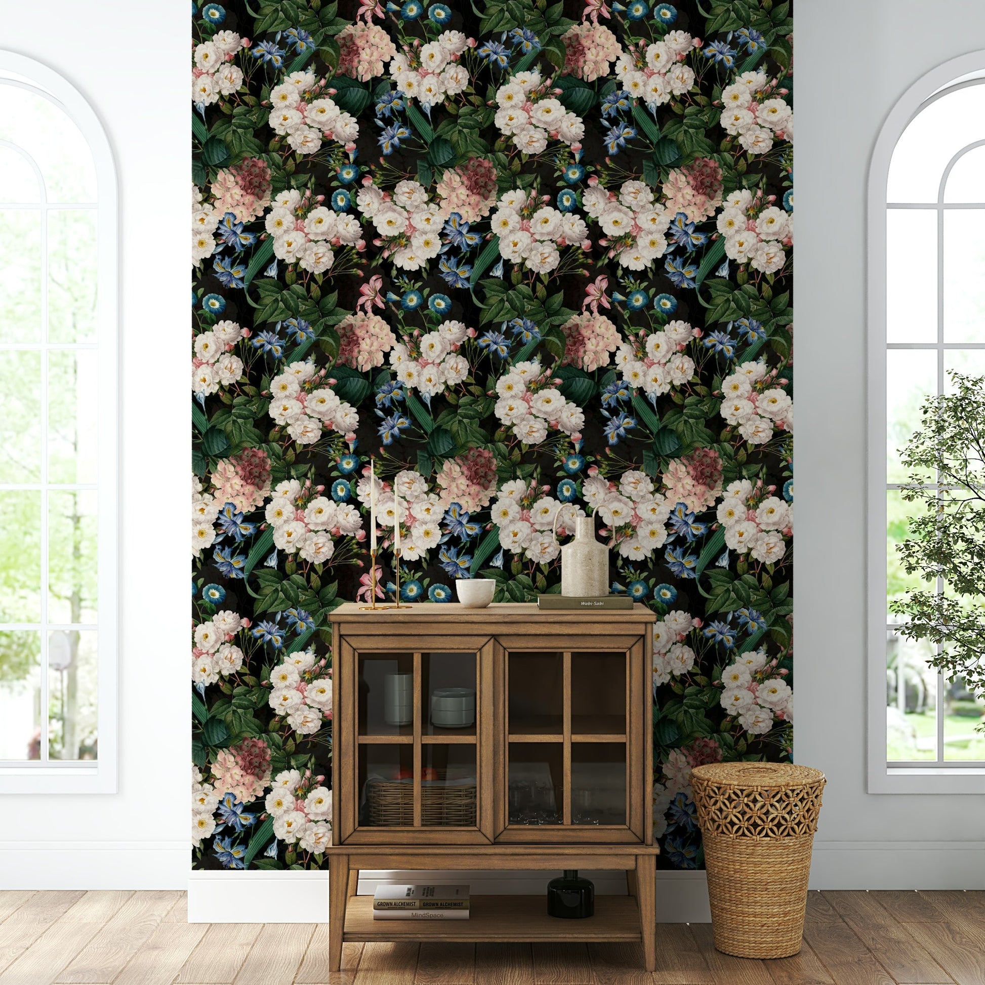 Deep green botanical night garden wallpaper for walls, GD1345