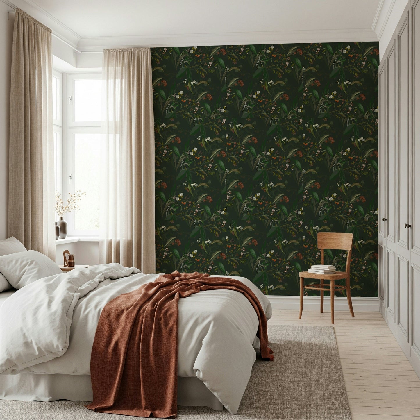 Striking Botanical Nightfall Wallpaper, red and white berries visible., GD6496