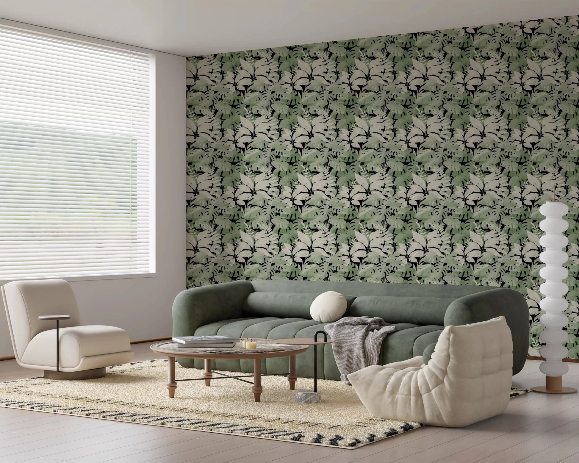 Relaxed sitting area featuring Botanical Noir Canopy Foliage Wallpaper