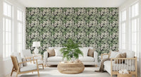 Sunlit lounge framed by Botanical Noir Canopy Foliage Wallpaper and wide windows