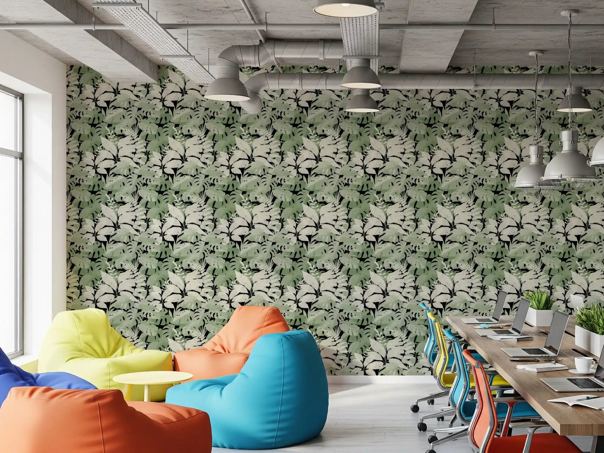 Office styled with Botanical Noir Canopy Foliage Wallpaper