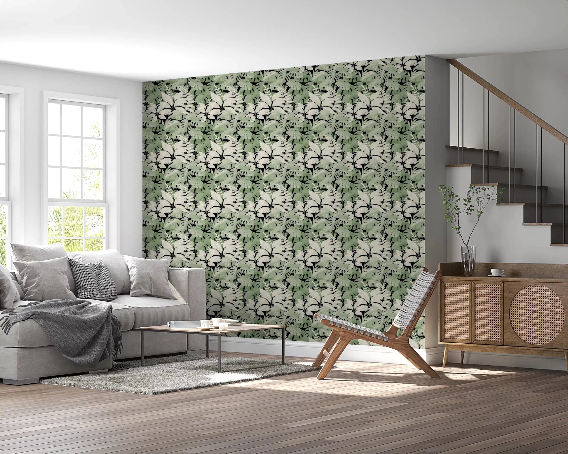 Botanical Noir Canopy Foliage Wallpaper in a bright corner living space
