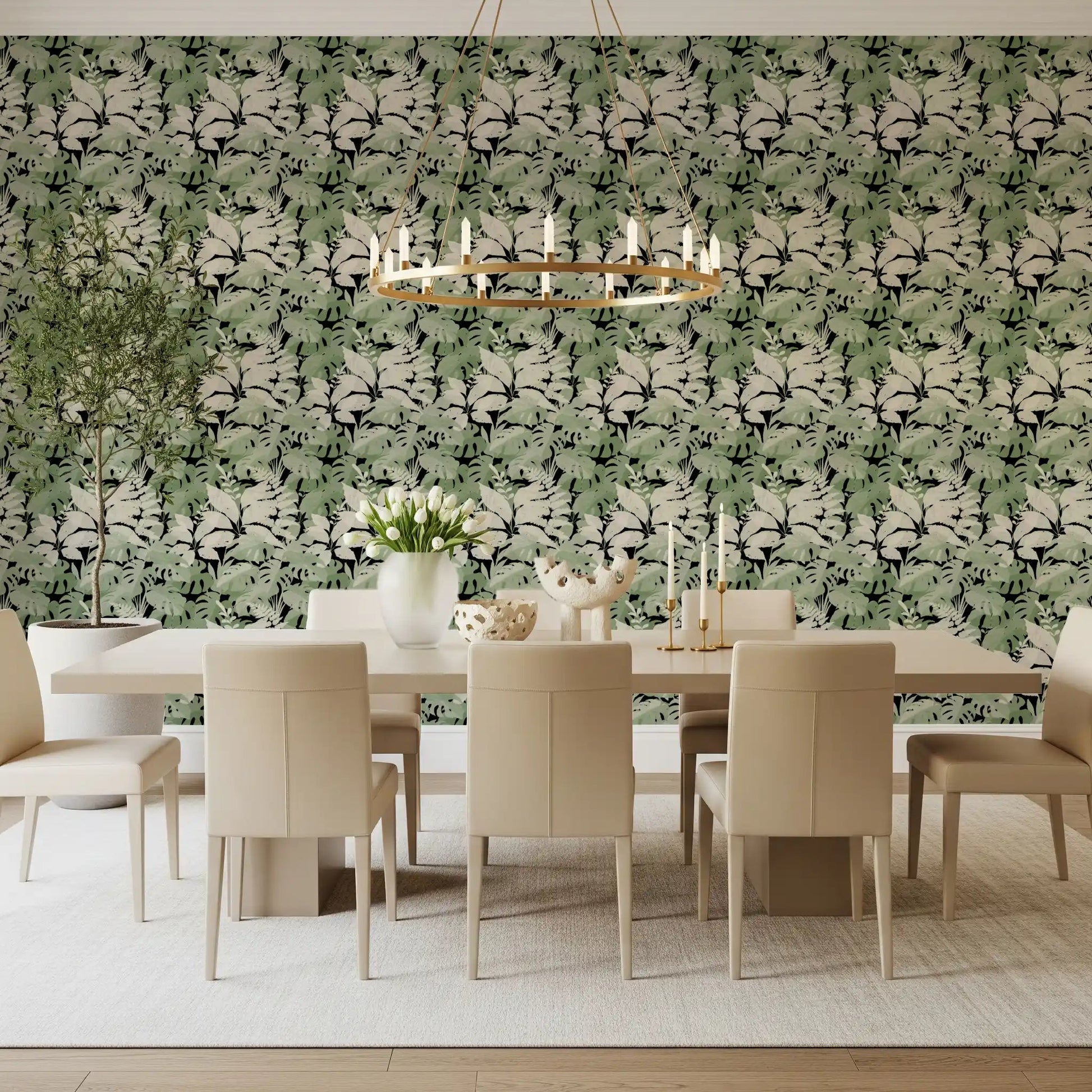 Botanical Noir Canopy Foliage Wallpaper in a bright dining room with cream chairs