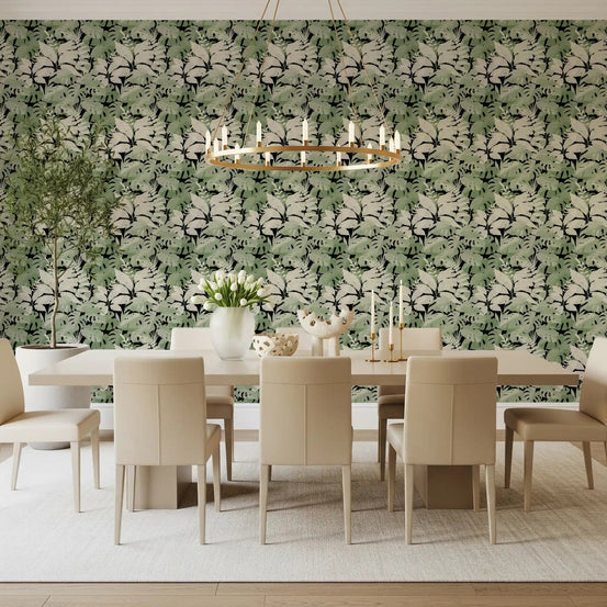 Botanical Noir Canopy Foliage Wallpaper in a bright dining room with cream chairs, GD8942