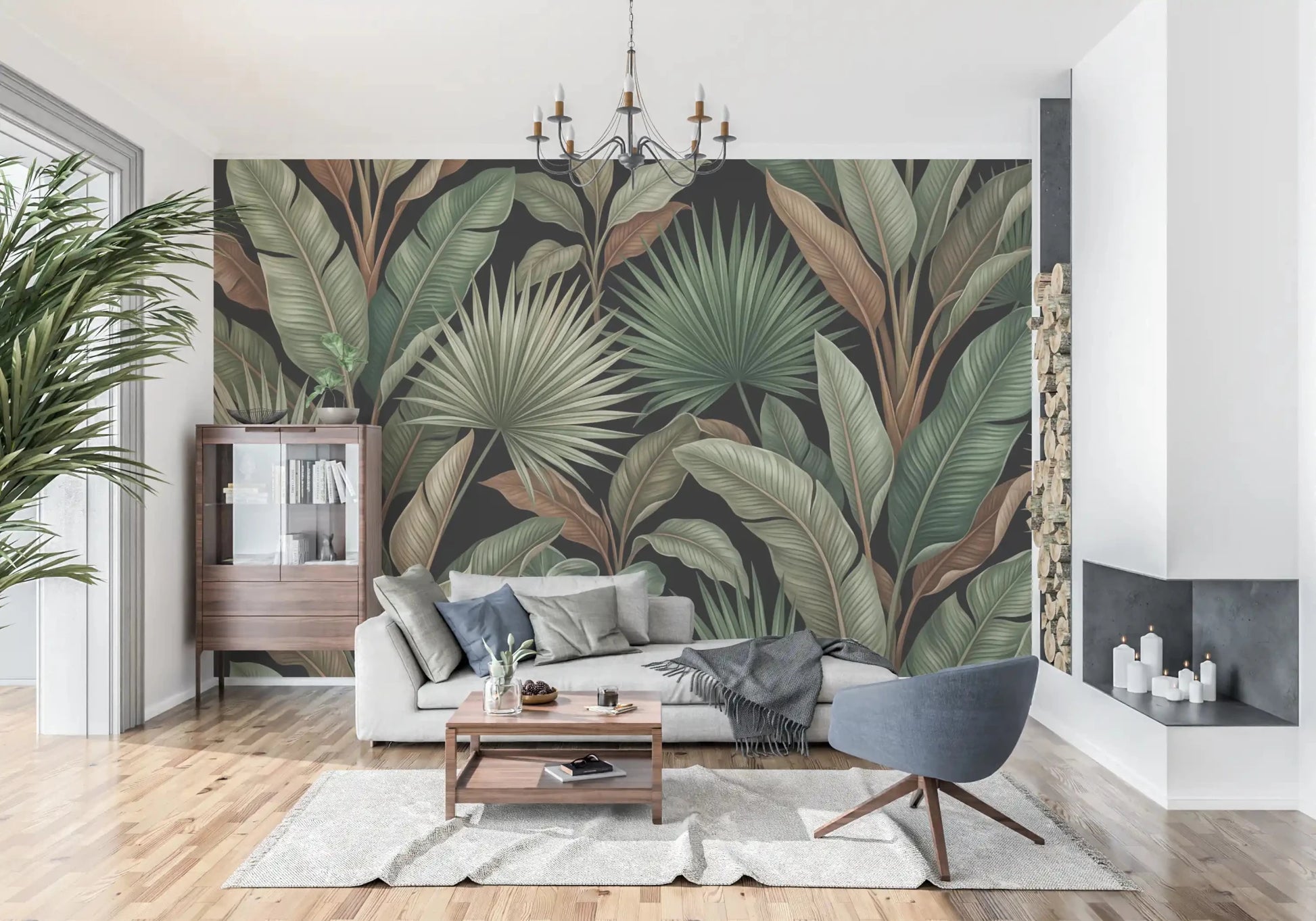 Hallway featuring Botanical Noir wall mural in deep green botanical tones