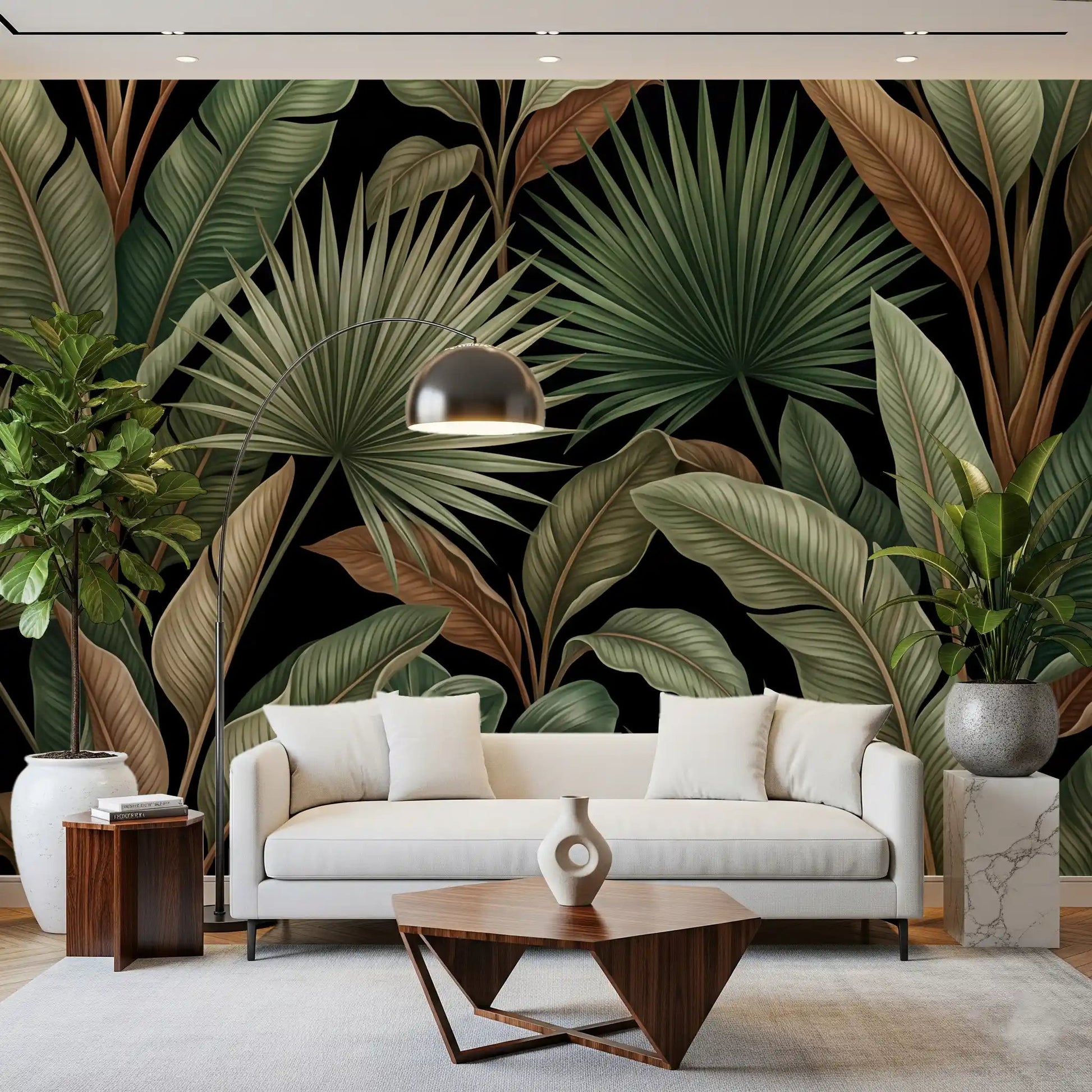 Office wall with Botanical Noir wall mural and moody palm leaf pattern