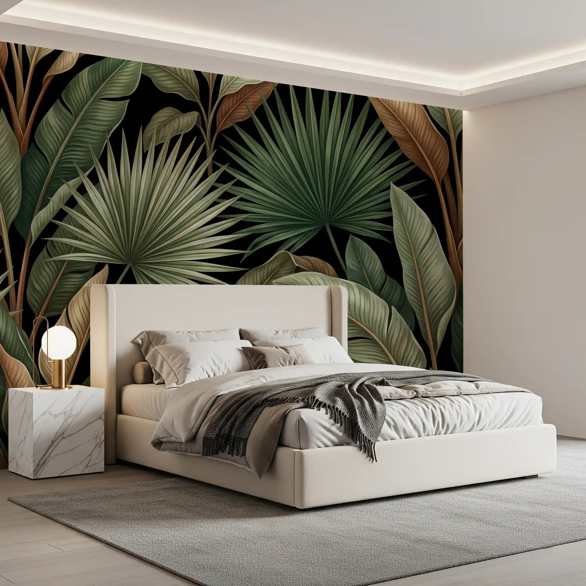 Bedroom styled in Botanical Noir wall mural with dark jungle foliage