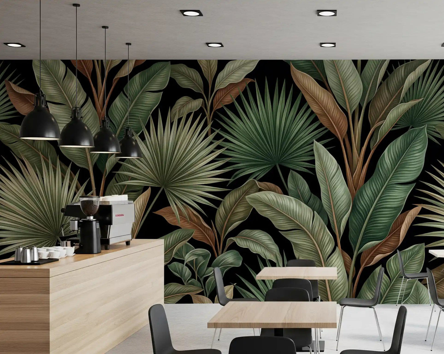 Deep green palm leaves define the Botanical Noir wall mural surface