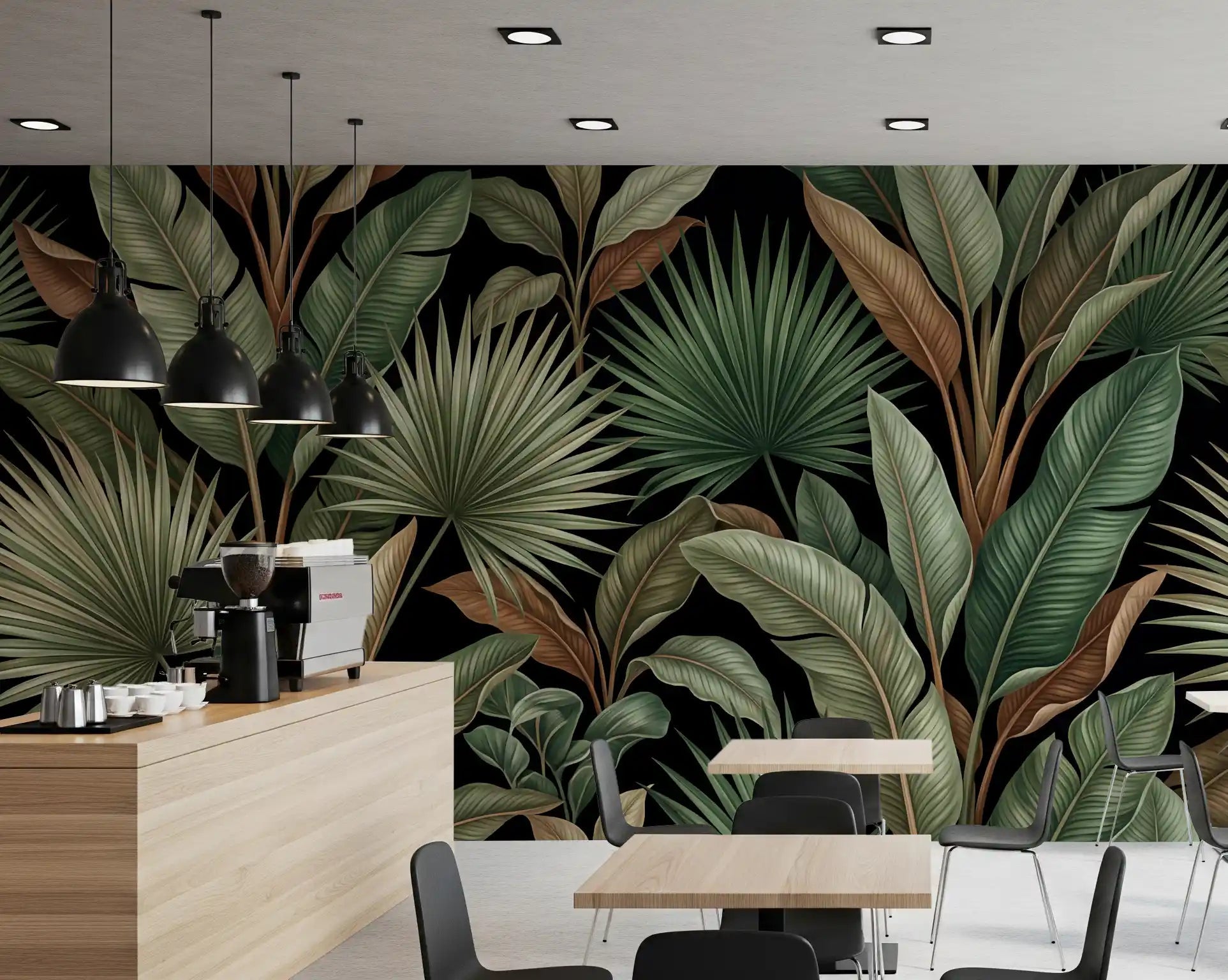 Deep green palm leaves define the Botanical Noir wall mural surface