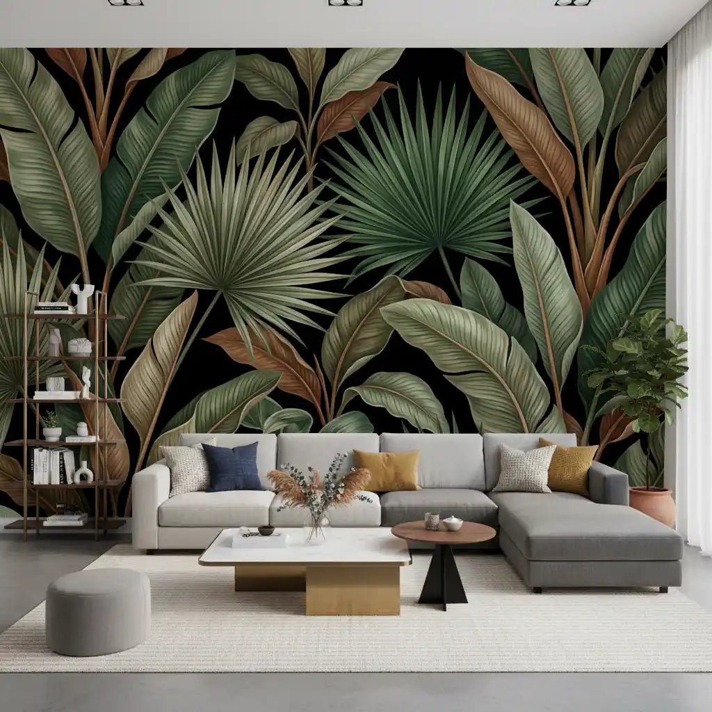 Moody tropical leaf wall mural with earthy green and brown contrast
