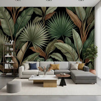 Moody tropical leaf wall mural with earthy green and brown contrast