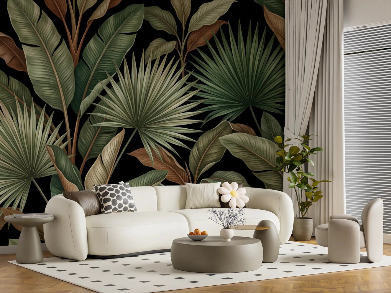 Living room with Botanical Noir wall mural and layered tropical leaf detail