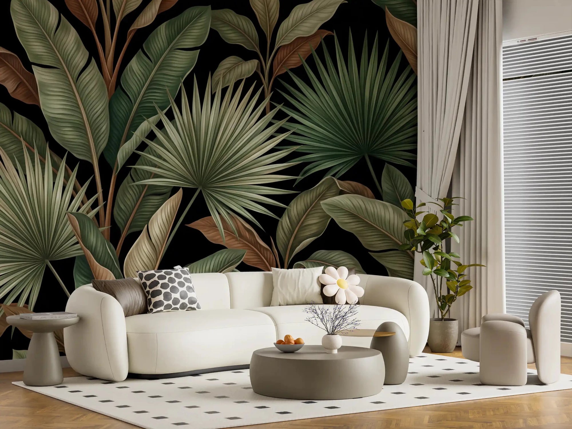 Living room with Botanical Noir wall mural and layered tropical leaf detail, GD9271