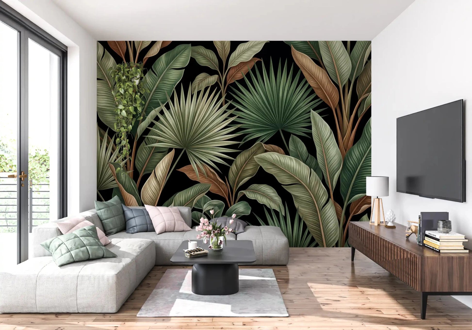 Botanical Noir wall mural creates a bold jungle-inspired decorative look