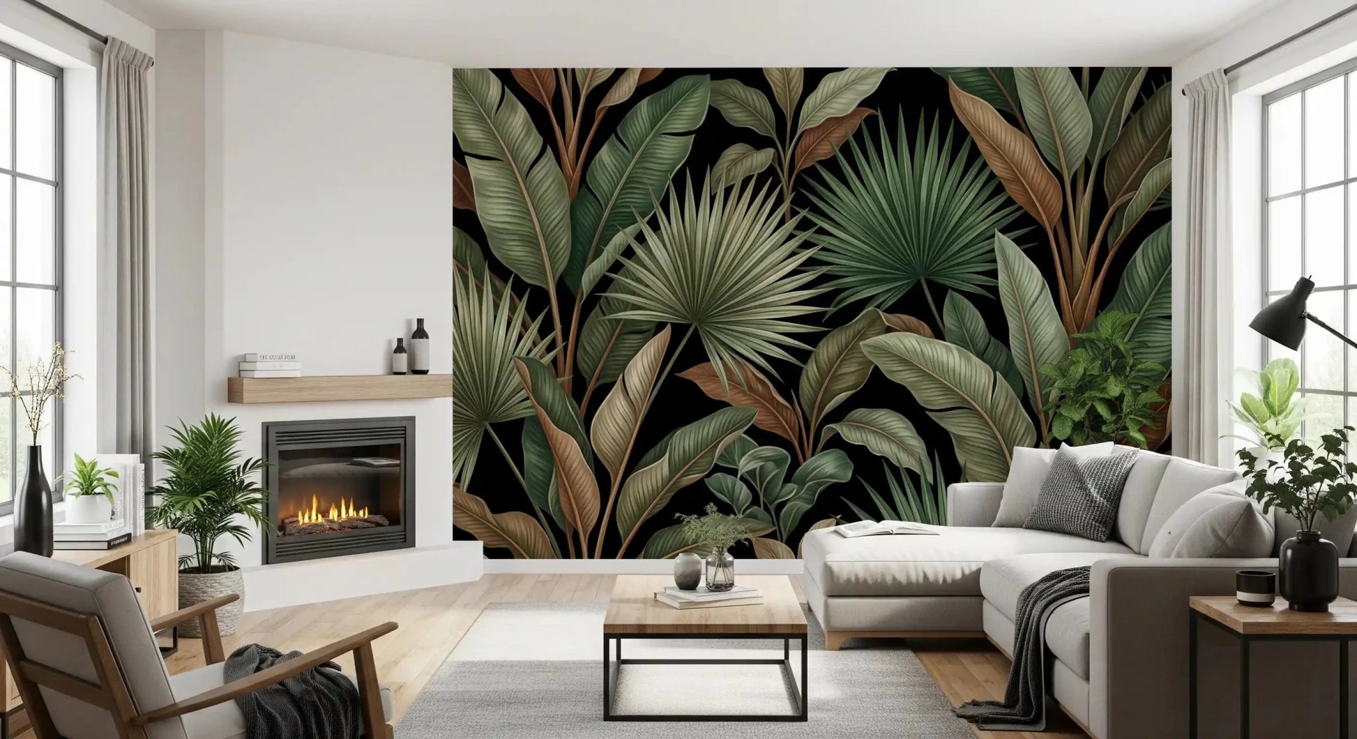 Dark botanical wall mural showing Botanical Noir in layered foliage detail