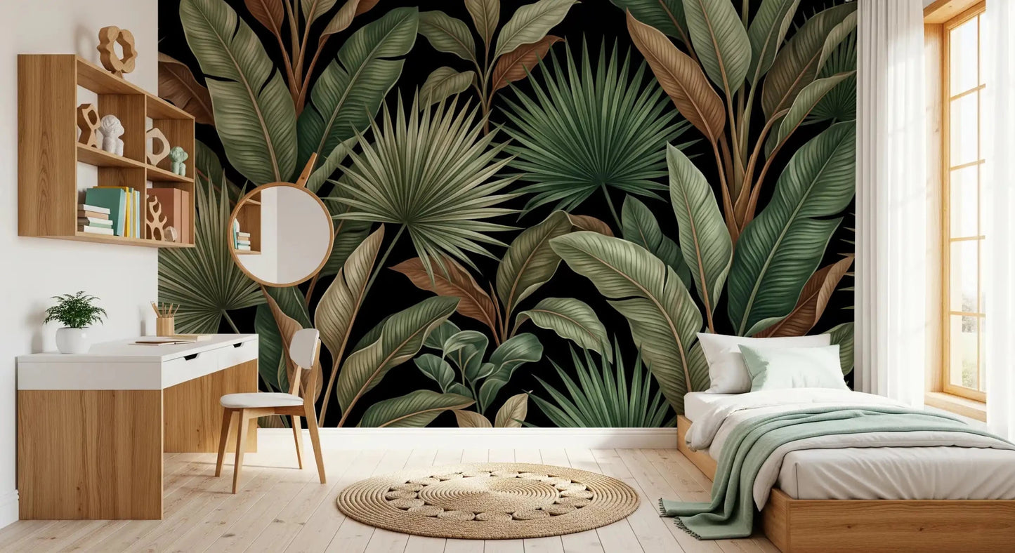 Botanical Noir wall mural with tropical leaves on a rich dark background