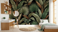 Botanical Noir wall mural with tropical leaves on a rich dark background