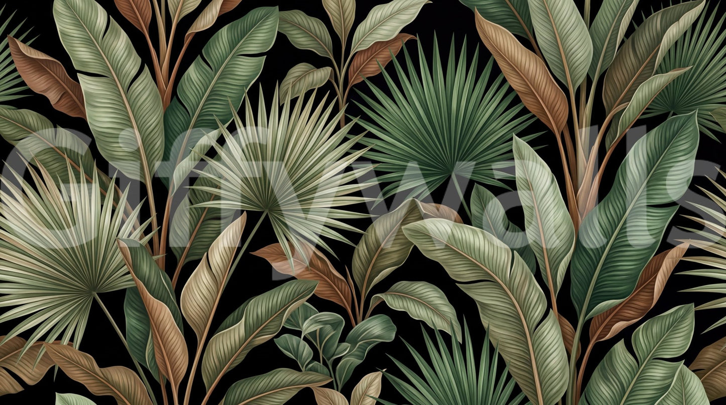 Dark leafy wall mural featuring Botanical Noir in a dramatic repeat