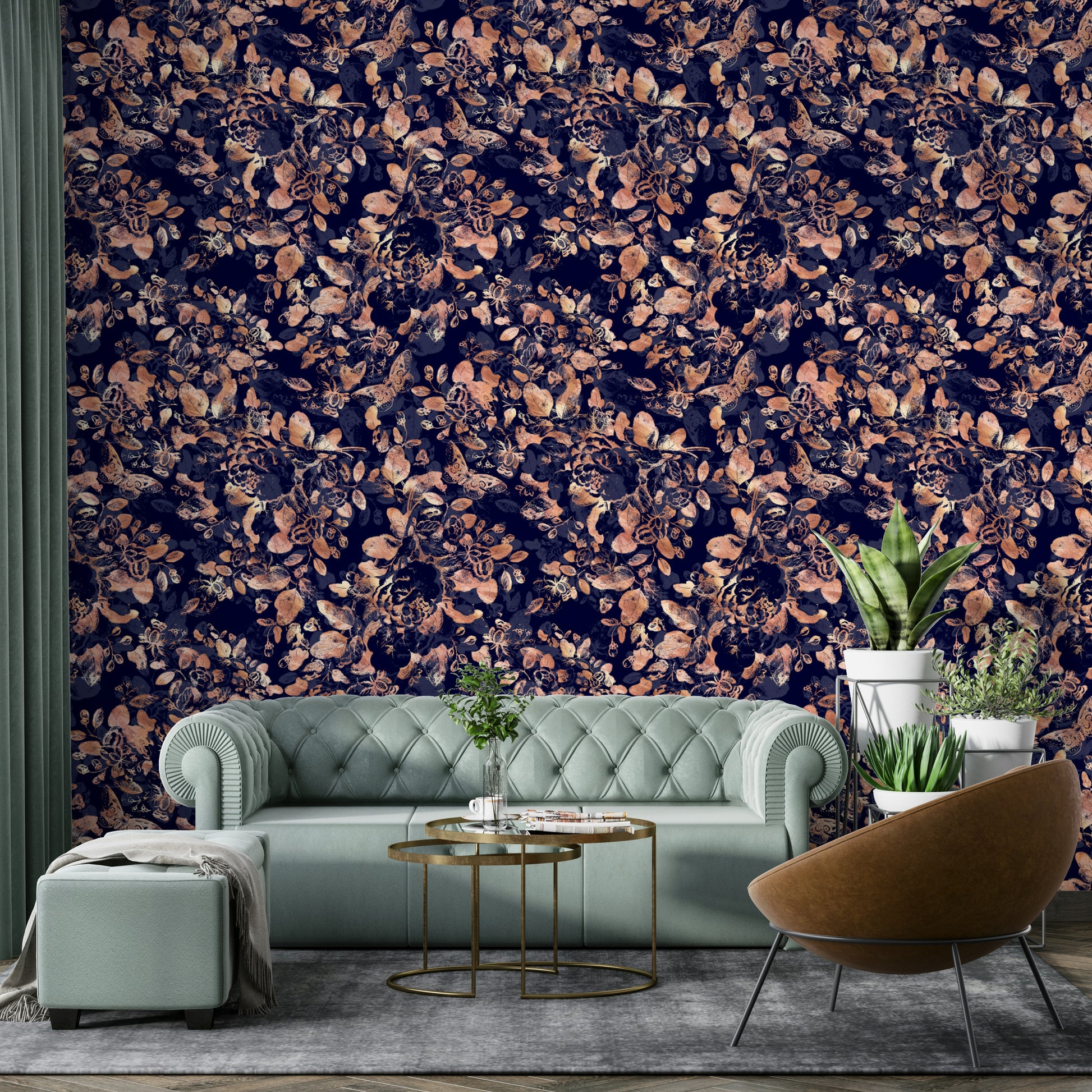 A moody bedroom with a dark floral design

