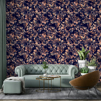 A moody bedroom with a dark floral design

