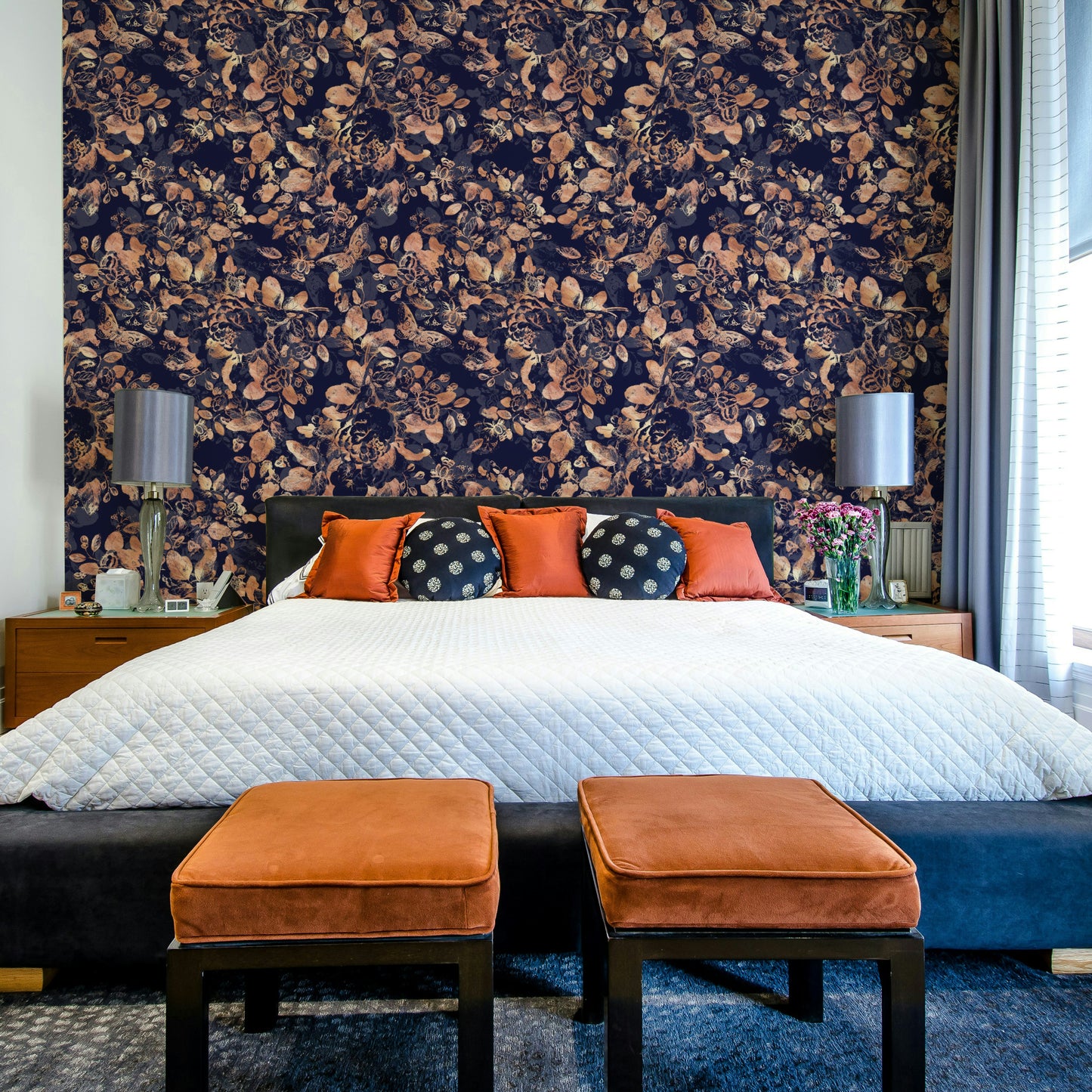 An angled shot of a wall with a botanical noir mural

