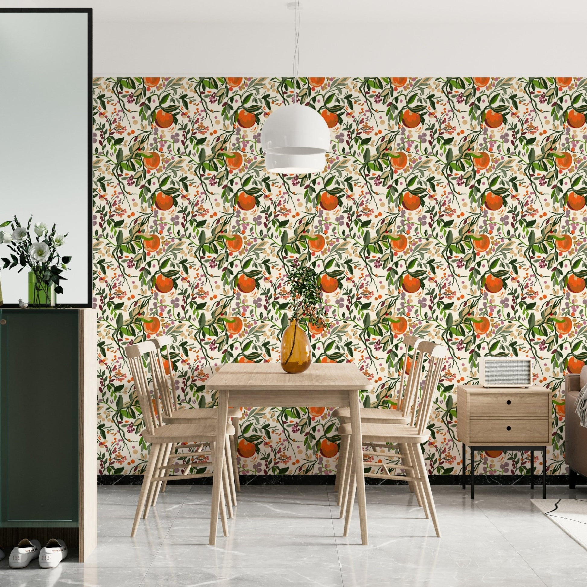 A bedroom with the lush foliage mural behind the headboard., GD4668