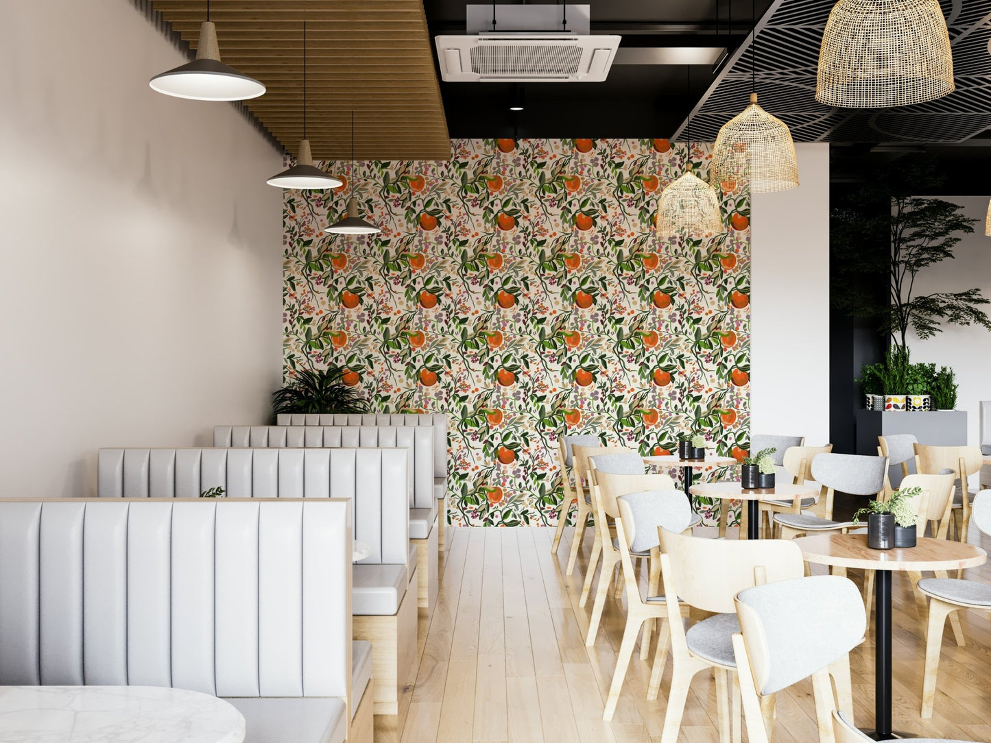 The wallpaper is used to create a feature wall in a dining room., GD4668