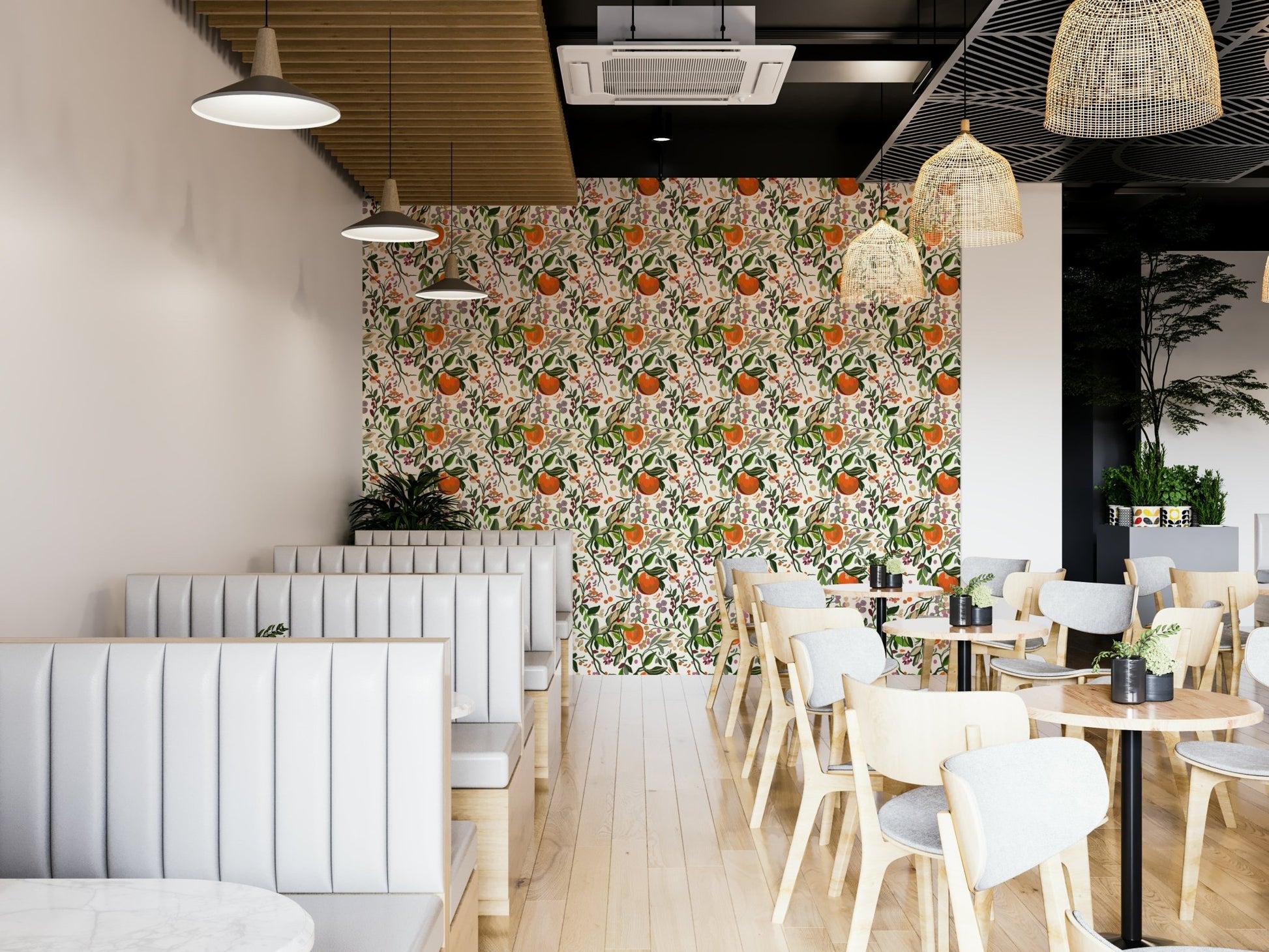 The wallpaper is used to create a feature wall in a dining room., GD4668